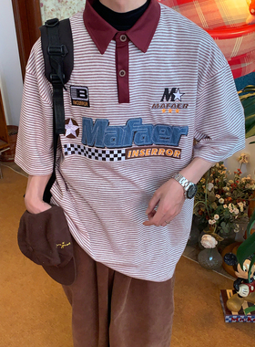C2自制/美式复古条纹polo领短袖T恤男女夏新款学院风宽松百搭上衣