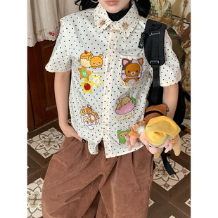 【新品买二送一】卡通风波点短袖衬衫女宽松bf美式复古童趣上衣潮