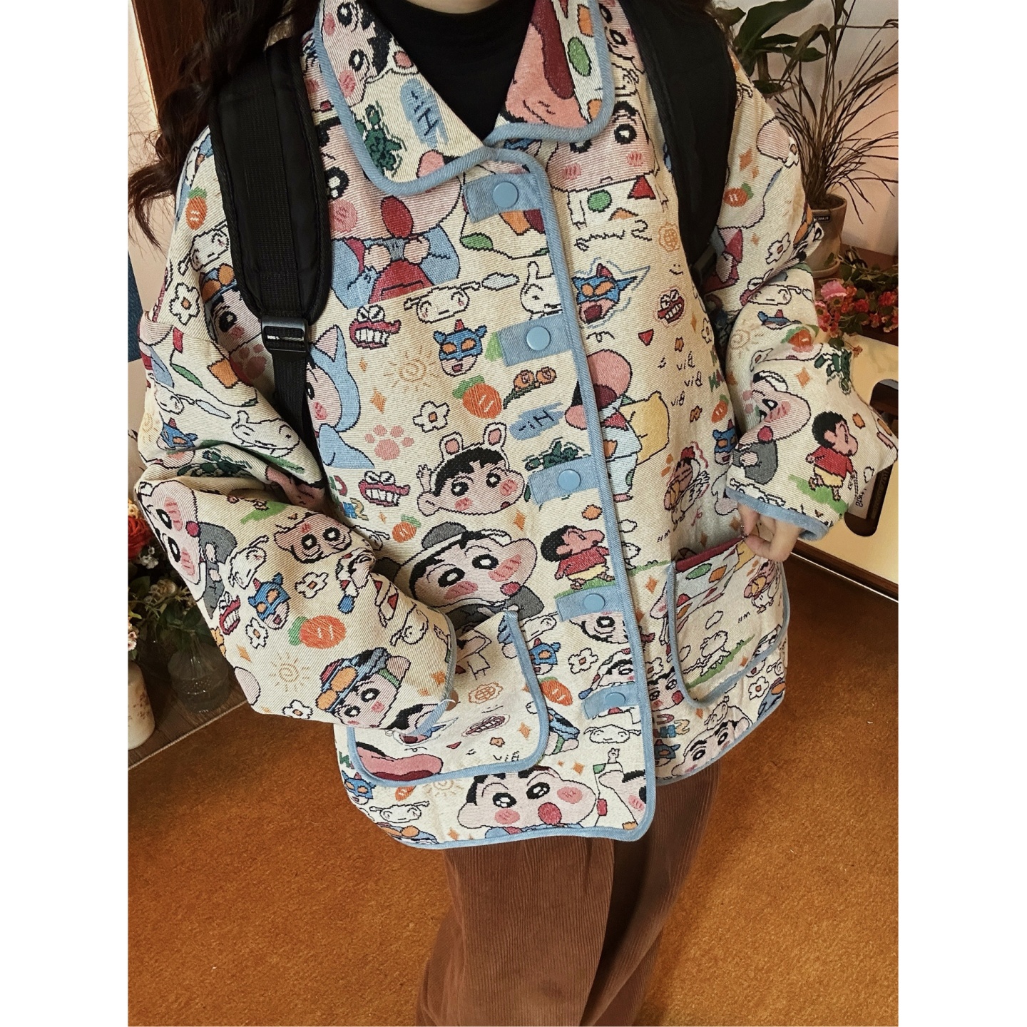 C2自制/复古卡通提花外套2025秋季童趣可爱满印男女同款宽松上衣