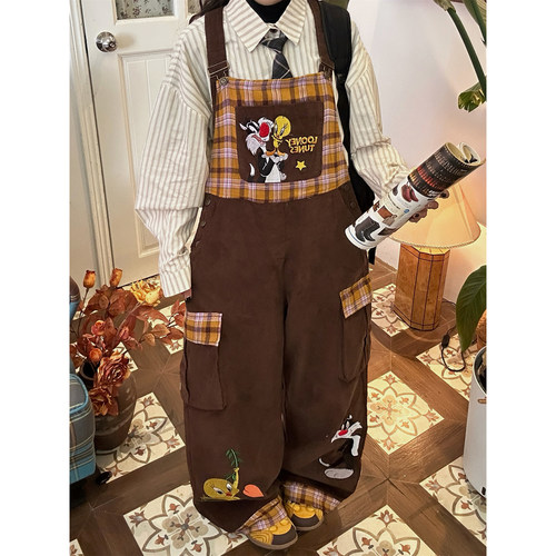 C2自制/卡通刺绣背带裤男女同款秋款灯芯绒宽松阔腿工装裤长裤潮