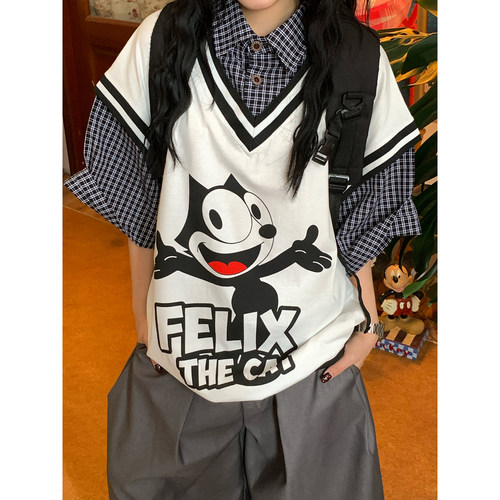 C2自制/美式复古卡通卡通字母印花假两件短袖T恤男女学院风上衣潮