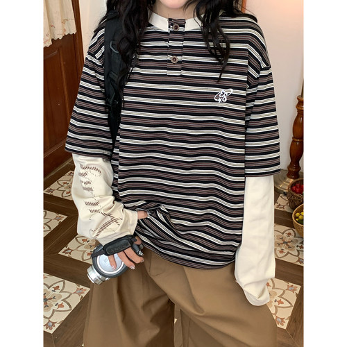 C2自制/美式复古条纹撞色假两件长袖T恤男女休闲宽松学院风上衣秋