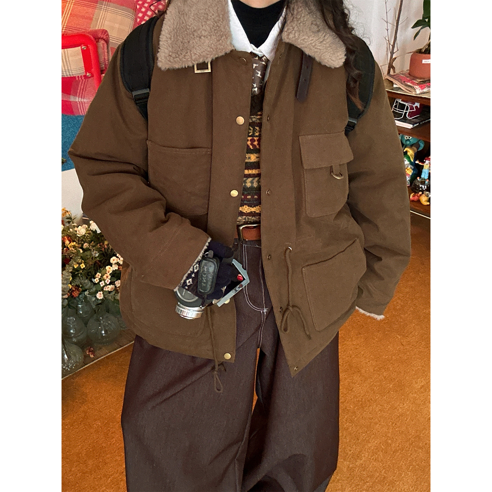 C2自制/美式复古羊羔绒领棉衣男女同款冬季新款加厚保暖棉服外套