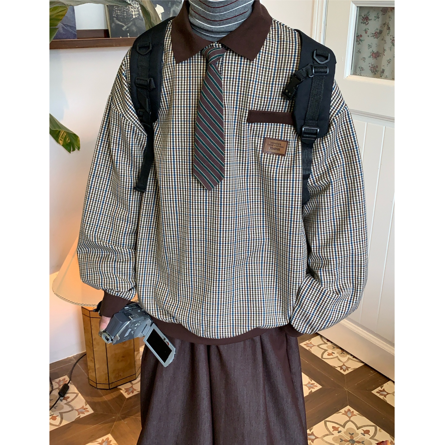 C2自制/美式复古千鸟格子拼长袖翻领T恤男女同款宽松领带上衣潮