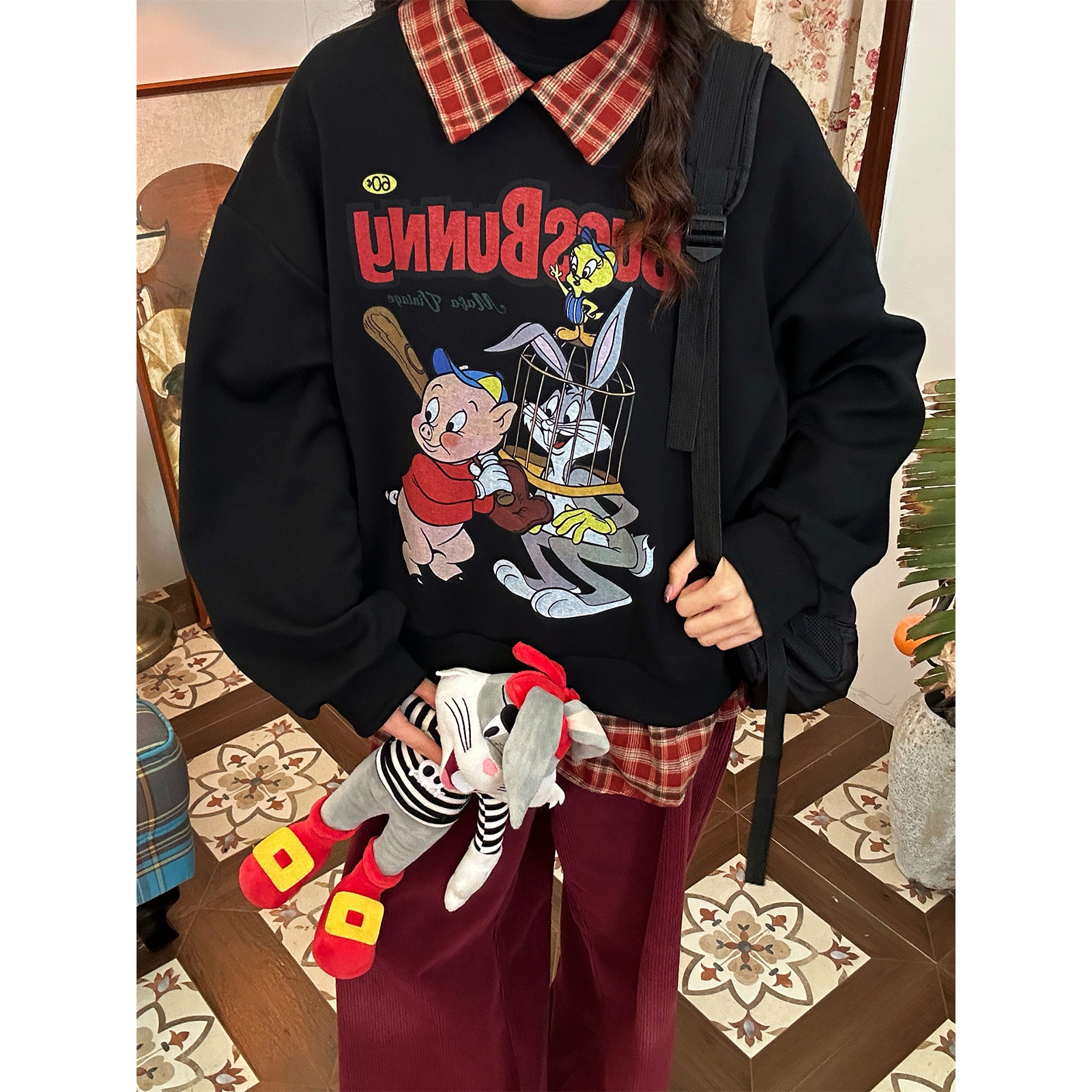 C2自制/美式复古卡通印花翻领卫衣男女同款秋冬新款宽松百搭上衣