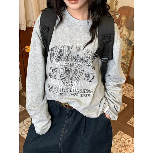 C2自制/美式复古印花长袖T恤男女同款宽松圆领百搭上衣早秋季新款