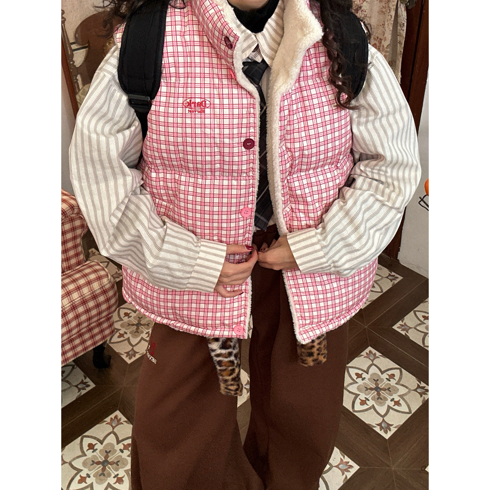 C2自制 /复古格纹羊羔毛马甲女正反两穿甜美加绒无袖棉服冬季新款