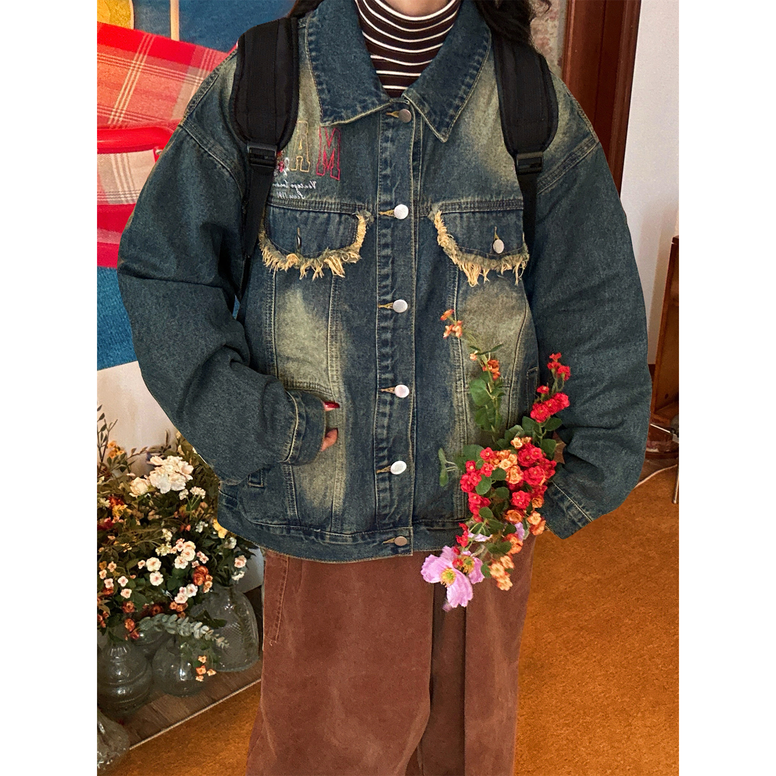 C2自制/美水洗做旧翻领牛仔外套男女同款宽松休闲夹克上衣秋冬款