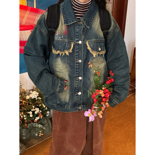 C2自制/美水洗做旧翻领牛仔外套男女同款宽松休闲夹克上衣秋冬款