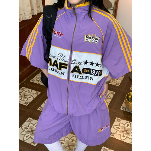 C2自制/美式复古撞色条纹短袖短裤运动套装男女同款夏季休闲外套
