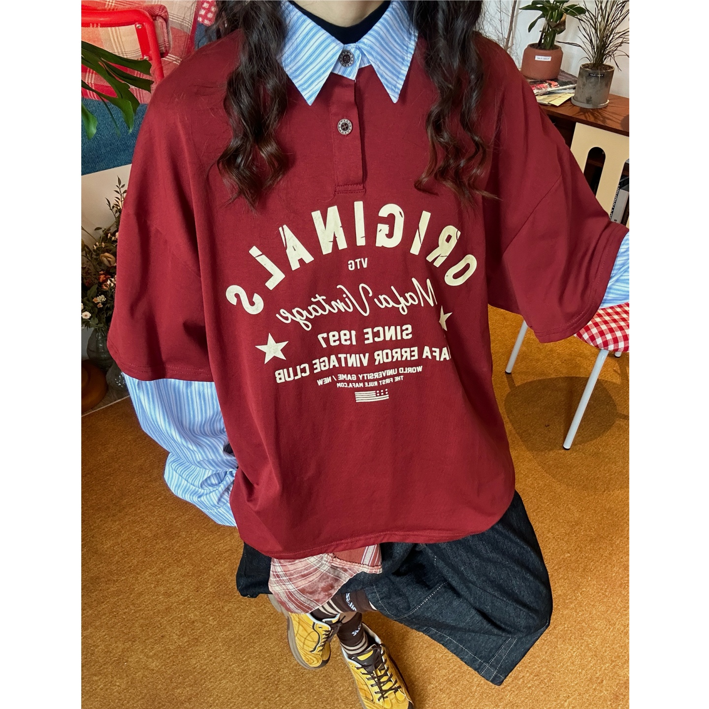 C2自制/字母印花撞色拼接假两件秋款翻领长袖T恤男女小设计感上衣