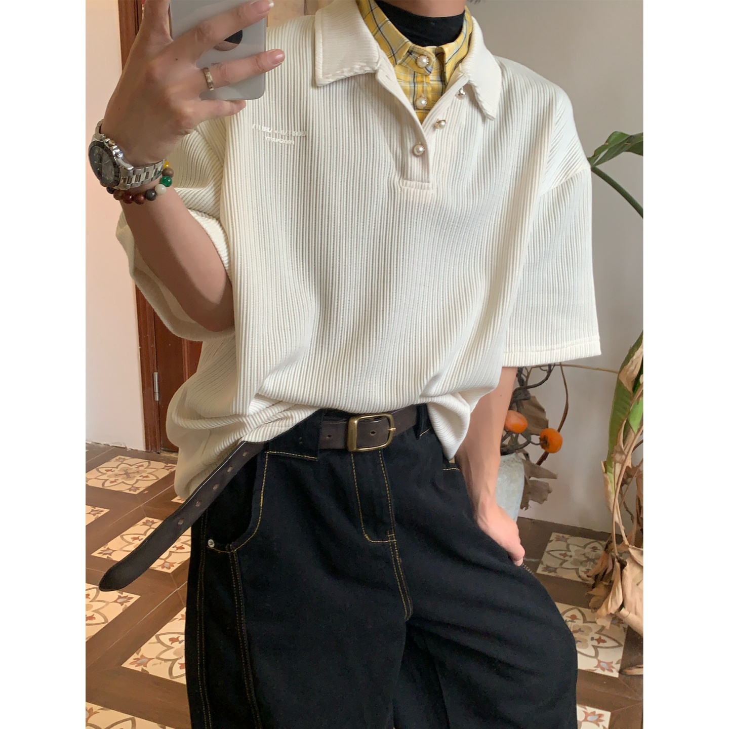 C2自制/美式复古珍珠扣字母刺绣短袖T恤男女夏季百搭打底上衣潮牌