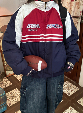 C2自制/美式复古撞色拼接棉服外套男女同款秋冬季款宽松面包服潮