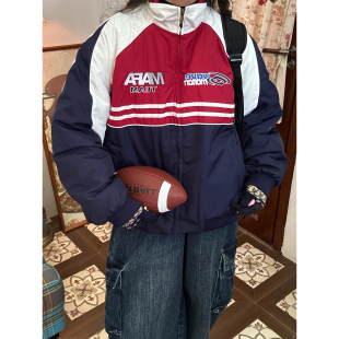 款 C2自制 秋冬季 复古撞色拼接棉服外套男女同款 宽松面包服潮 美式