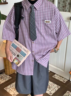 C2原创/美式复古格子短袖衬衫男女夏季宽松休闲百搭领带学院风衬