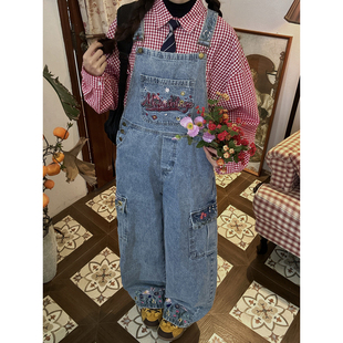 C2自制/秋季新款花卉刺绣工装背带裤男女同款直筒裤百搭显瘦长裤