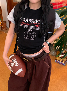 【新品买二送一】美式复古辣妹风短袖T恤女字母印花撞色显瘦上衣