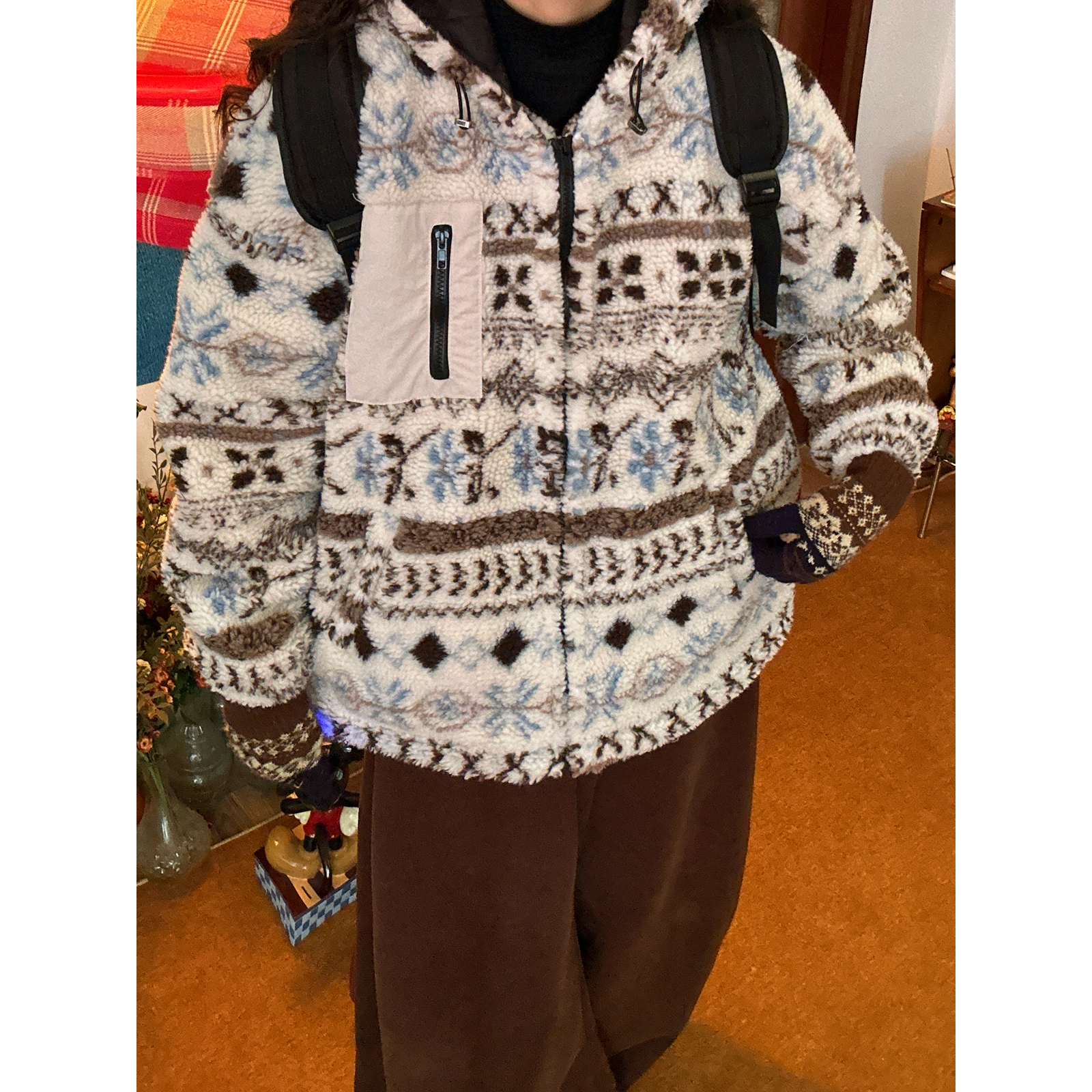 C2自制/复古提花费尔岛羊羔毛外套秋冬新款男女同款连帽保暖棉服