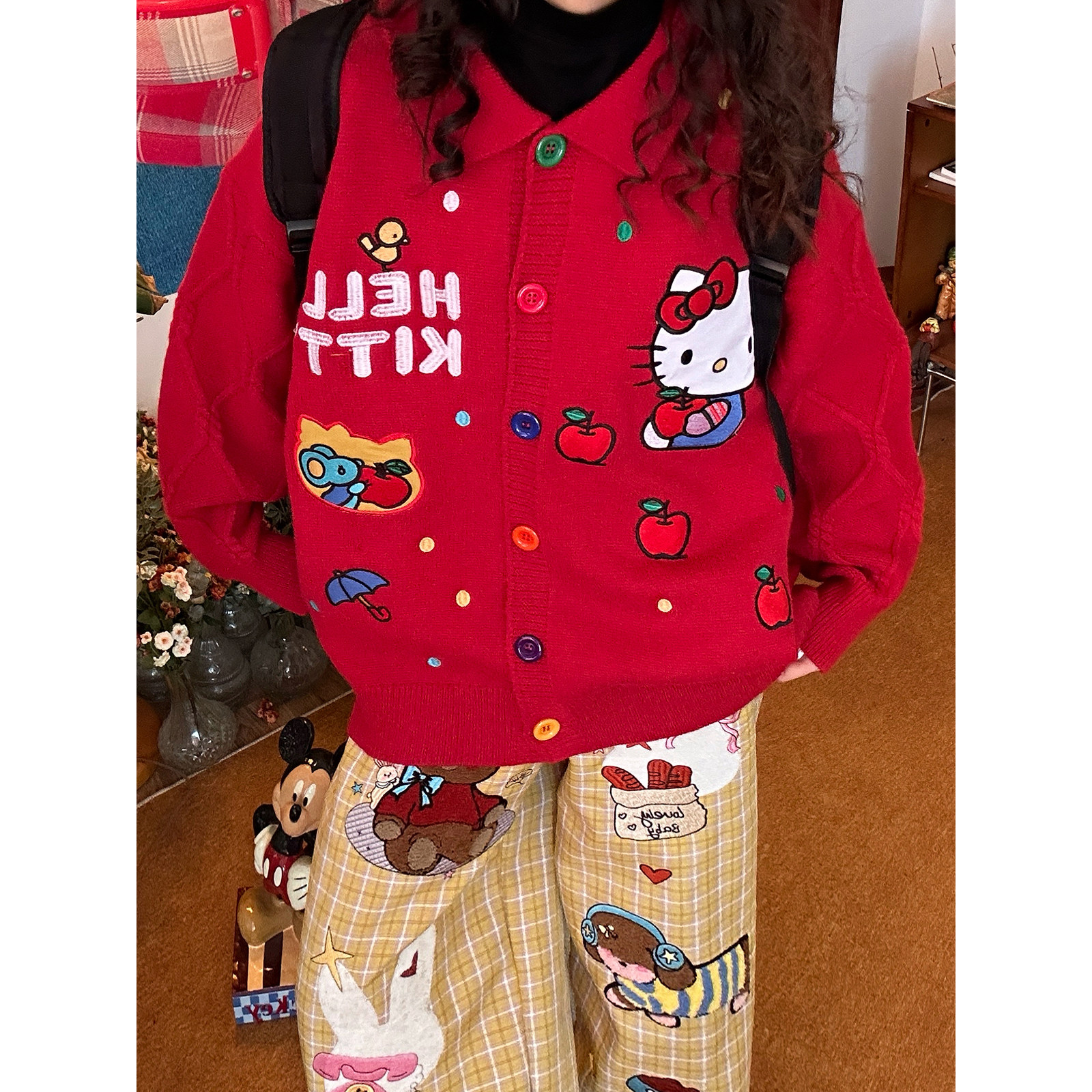 C2自制/美式卡通风HelloKitty刺绣开衫毛衣女冬季新款针织衫外套