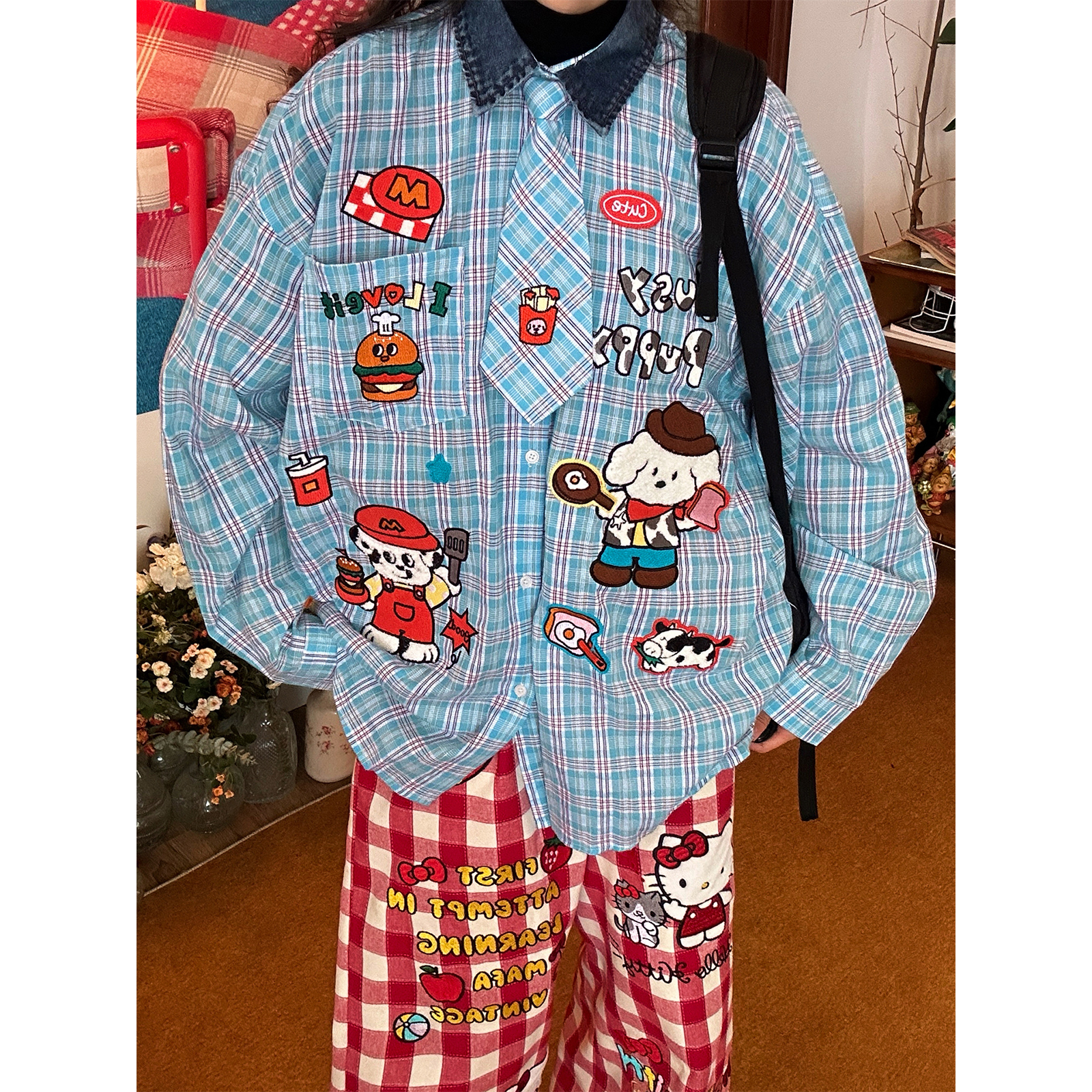 C2自制/趣味小狗刺绣格子长袖衬衫男女同款秋冬拼接翻领宽松上衣