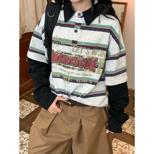 C2自制/美式复古撞色条纹字母长袖T恤男女同款翻领宽松POLO衫上衣