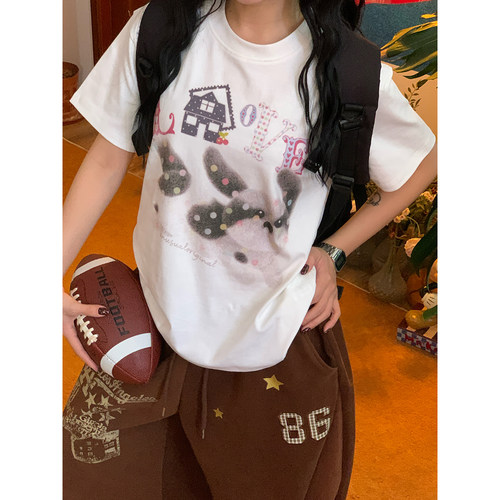 C2自制/美式卡通风小狗印花短袖T恤女显瘦减龄辣妹上衣