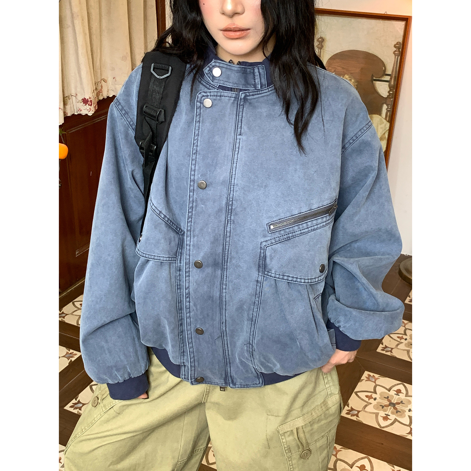 C2自制/美式复古水洗牛仔工装夹克男女立领拉链宽松外套秋季新款