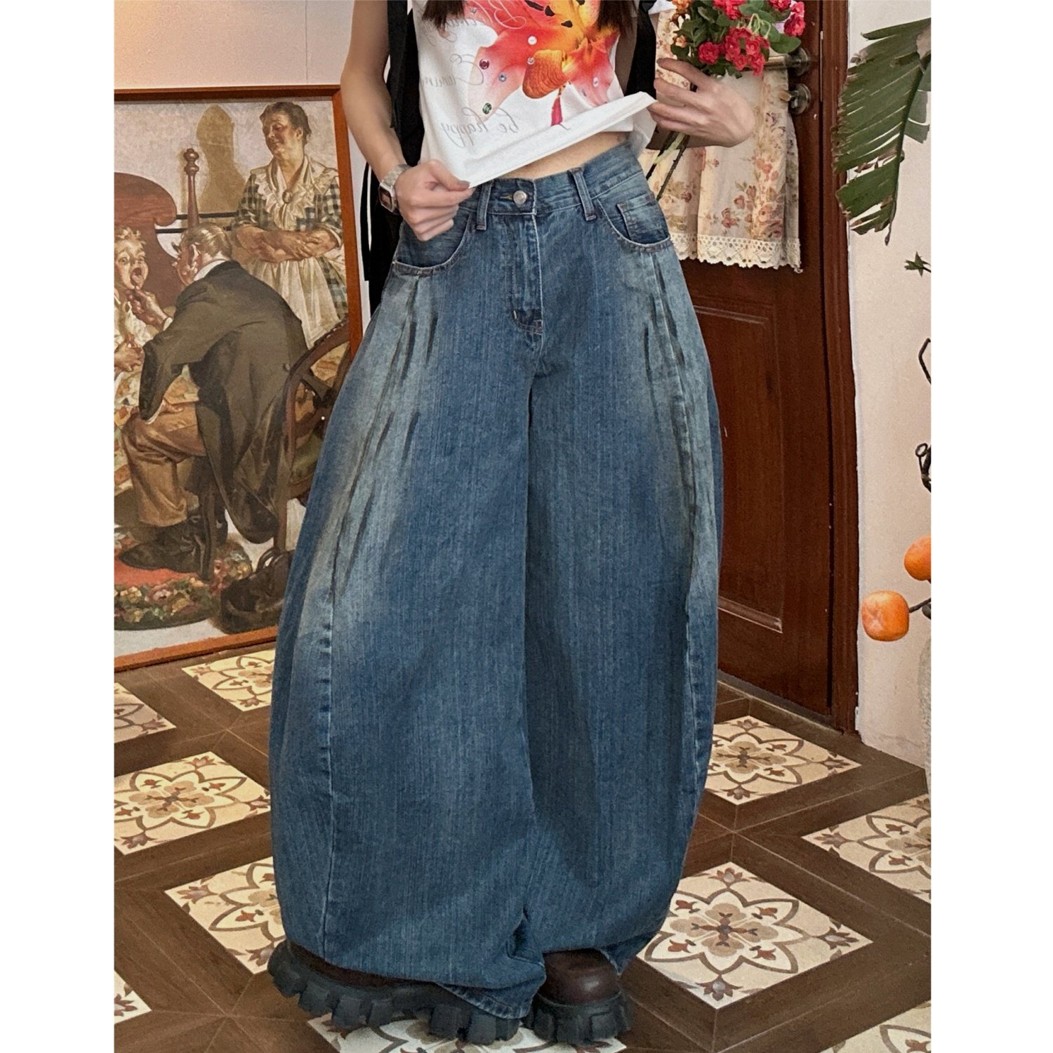 C2原创/美式复古水洗做旧牛仔裤男女夏季新款宽松直筒弯刀阔腿裤