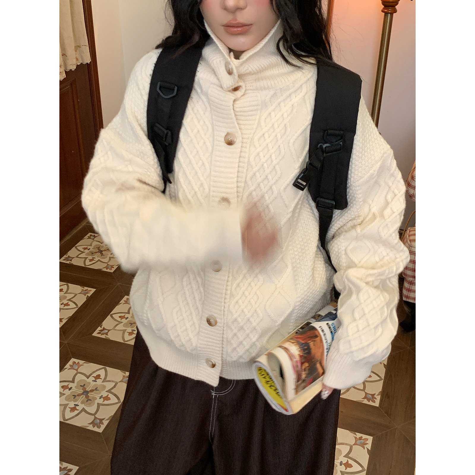 C2自制/复古老钱风麻花高领毛衣女宽松慵懒针织开衫外套秋冬新款