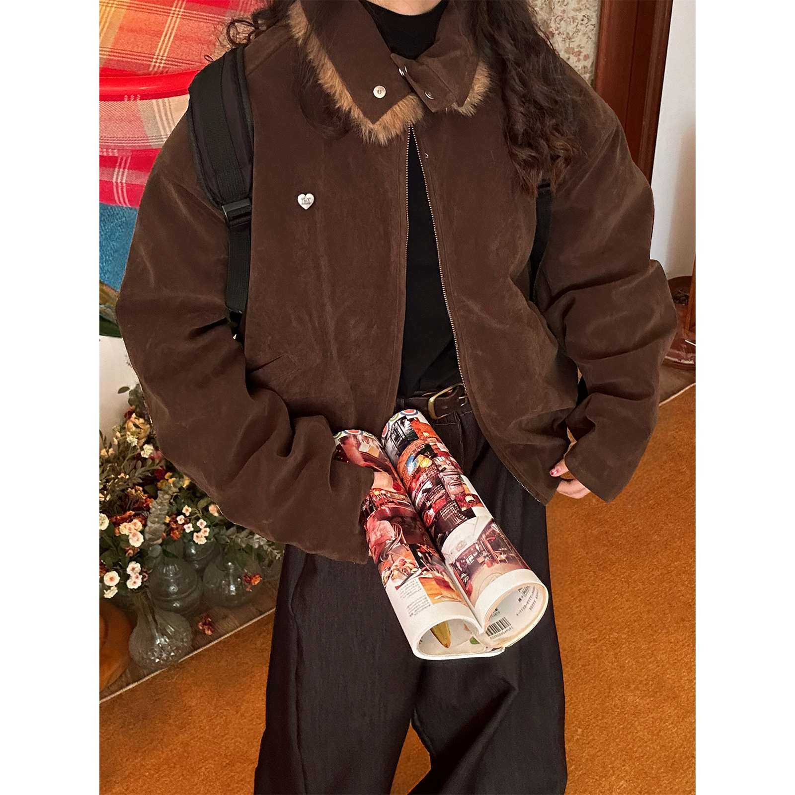 C2自制/秋冬款绒毛翻领麂皮绒棉服外套女复古座山雕夹克棉衣