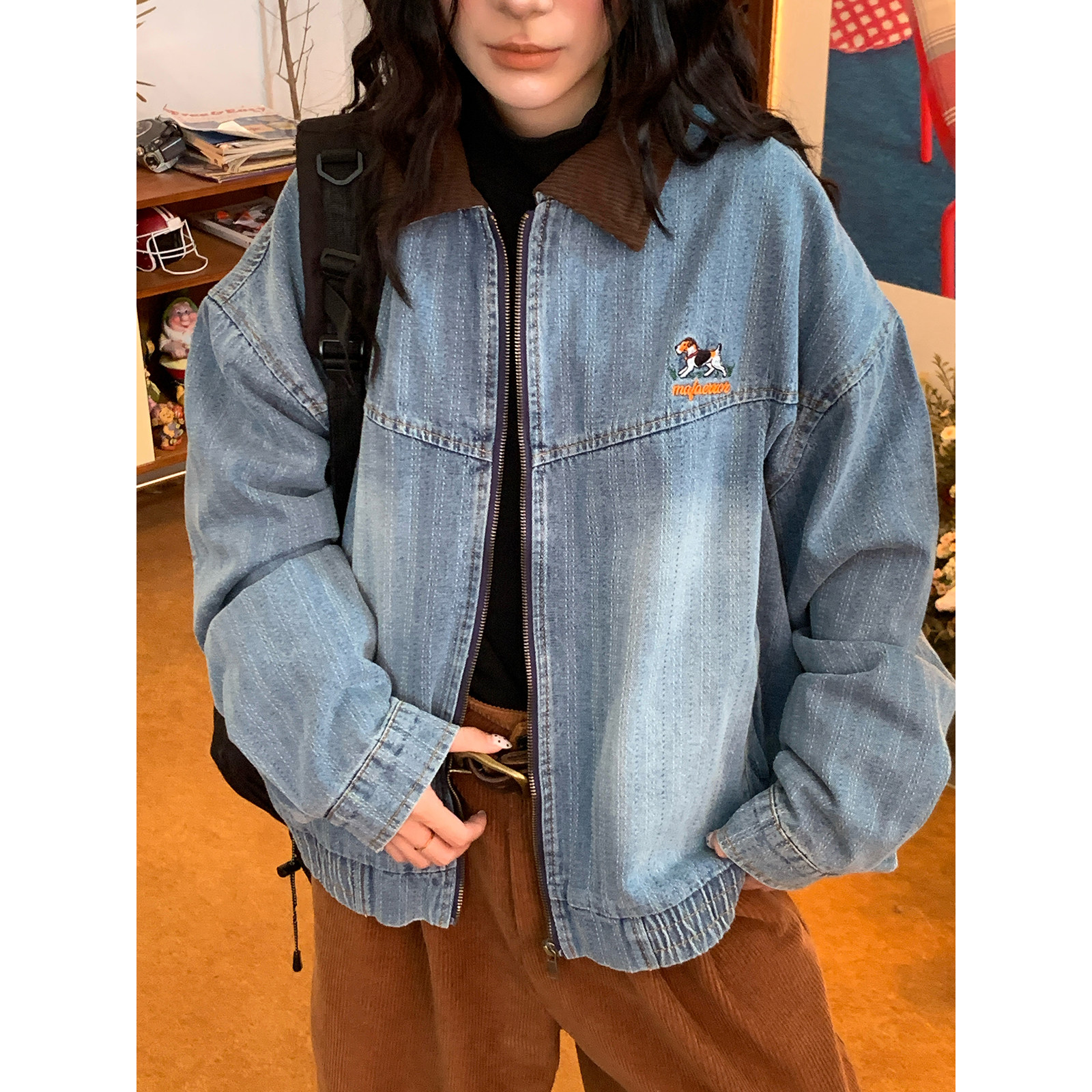 C2自制/美式复古翻领牛仔夹克男女同款宽松水洗做旧感短外套街头