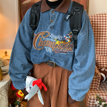 C2自制/古着风童趣水洗牛仔长袖POLO衫2025秋装美式宽松翻领上衣