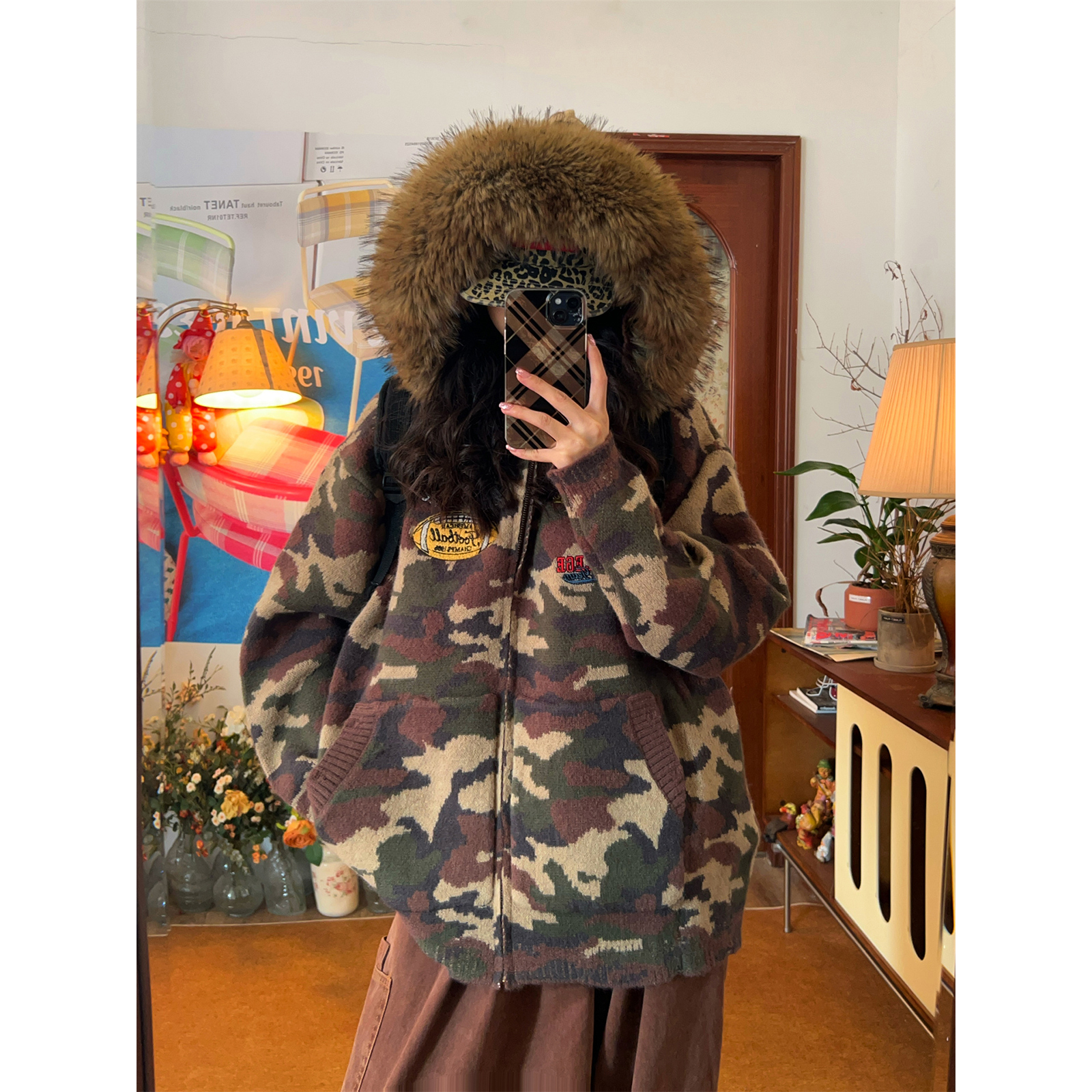 C2自制/迷彩毛领连帽外套男女同款街头复古秋冬款百搭针织衫上衣