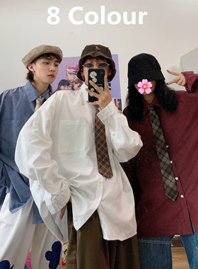 C2原创8色 秋装复古港风长袖衬衫女宽松bf韩系慵懒风白色衬衣领带