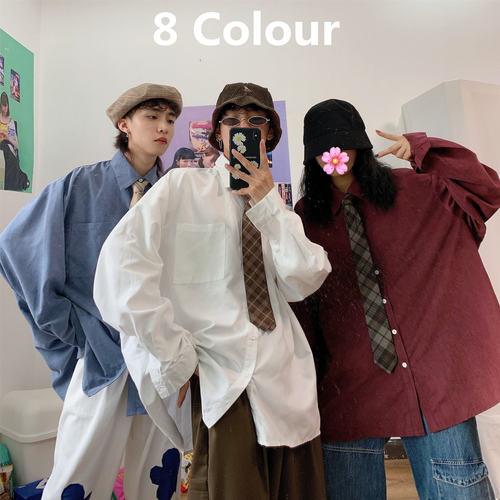 复古港风宽松慵懒风长袖衬衫领带