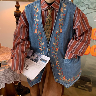 小碎花刺绣复古水洗做旧马甲古着风百搭坎肩马夹 新款 C2自制 秋季