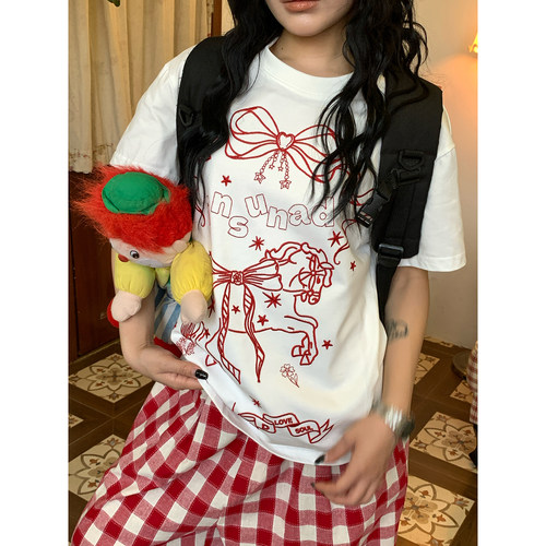 C2自制/甜辣风蝴蝶结印花短袖T恤女26夏季新款涂鸦风圆领修身上衣