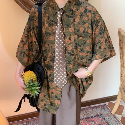 C2自制/港风复古花衬衫短袖夏季oversize小众情侣宽松慵懒衬衣潮