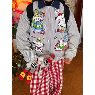 C2自制 复古卡通刺绣竖条纹加厚加绒棉服男女同款 学院秋冬款 美式