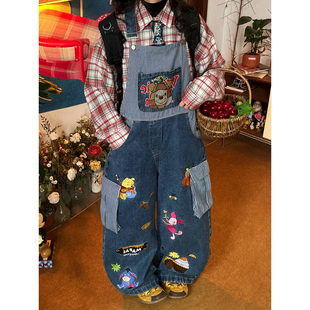 C2自制/复古童趣牛仔卡通刺绣背带裤女春季新款宽松bf阔腿裤长裤