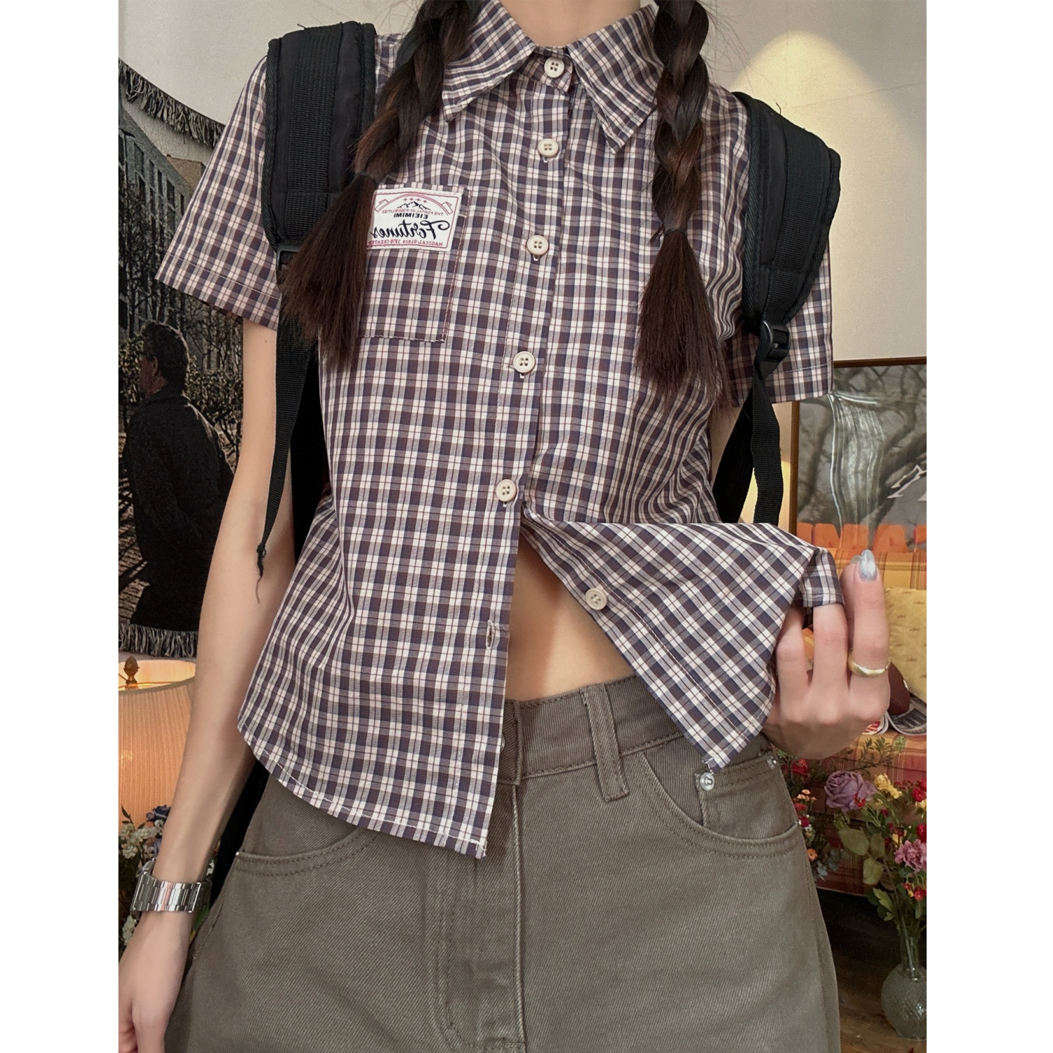 C2自制/美式复古格纹正肩短袖衬衫女夏季甜酷辣妹修身休闲短款潮