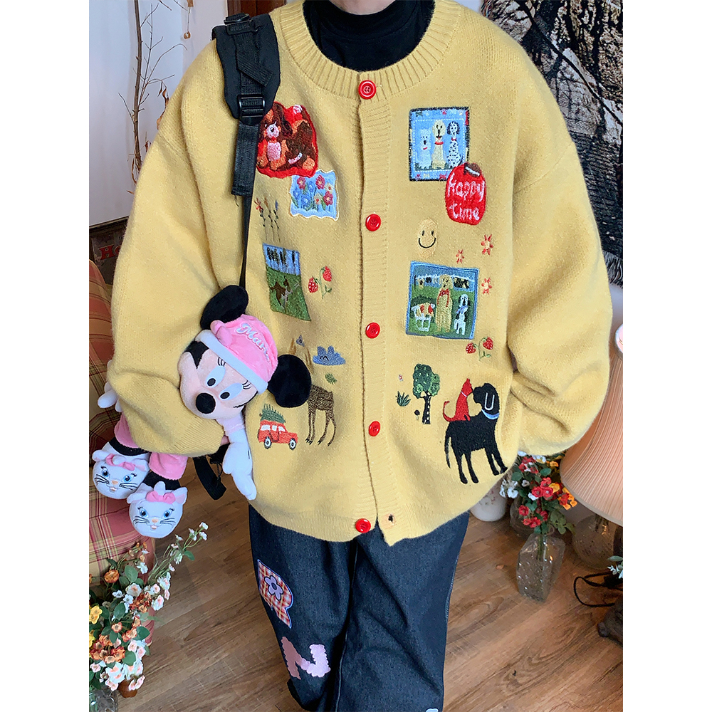 美式卡通贴布绣针织开衫外套