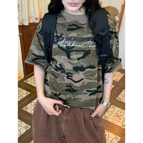 C2自制/美式复古风迷彩短袖T恤男女宽松字母印花夏季新款百搭上衣