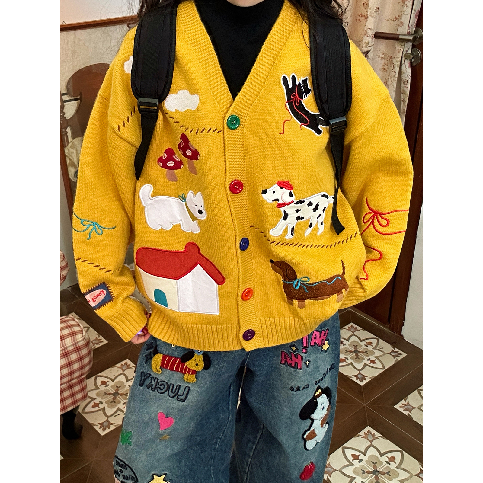 【新品买二送一】卡通小狗刺绣毛衣开衫男女冬季新款宽松针织外套