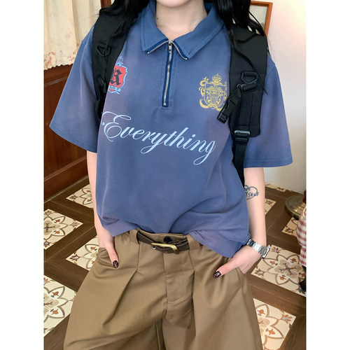 C2自制/重磅水洗做旧半拉链T恤男女同款字母印花翻领短袖百搭夏季