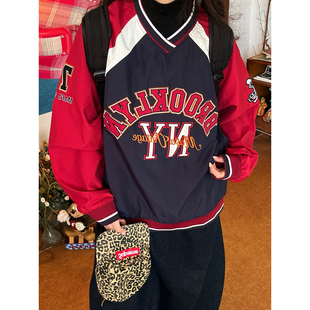 C2自制/美式复古撞色拼接V领棒球服卫衣男女同款宽松百搭上衣春款