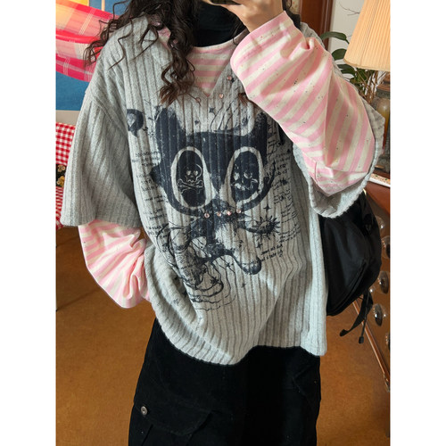 C2自制/春季新款卡通风小猫长袖T恤女假两件拼接设计感宽松上衣潮