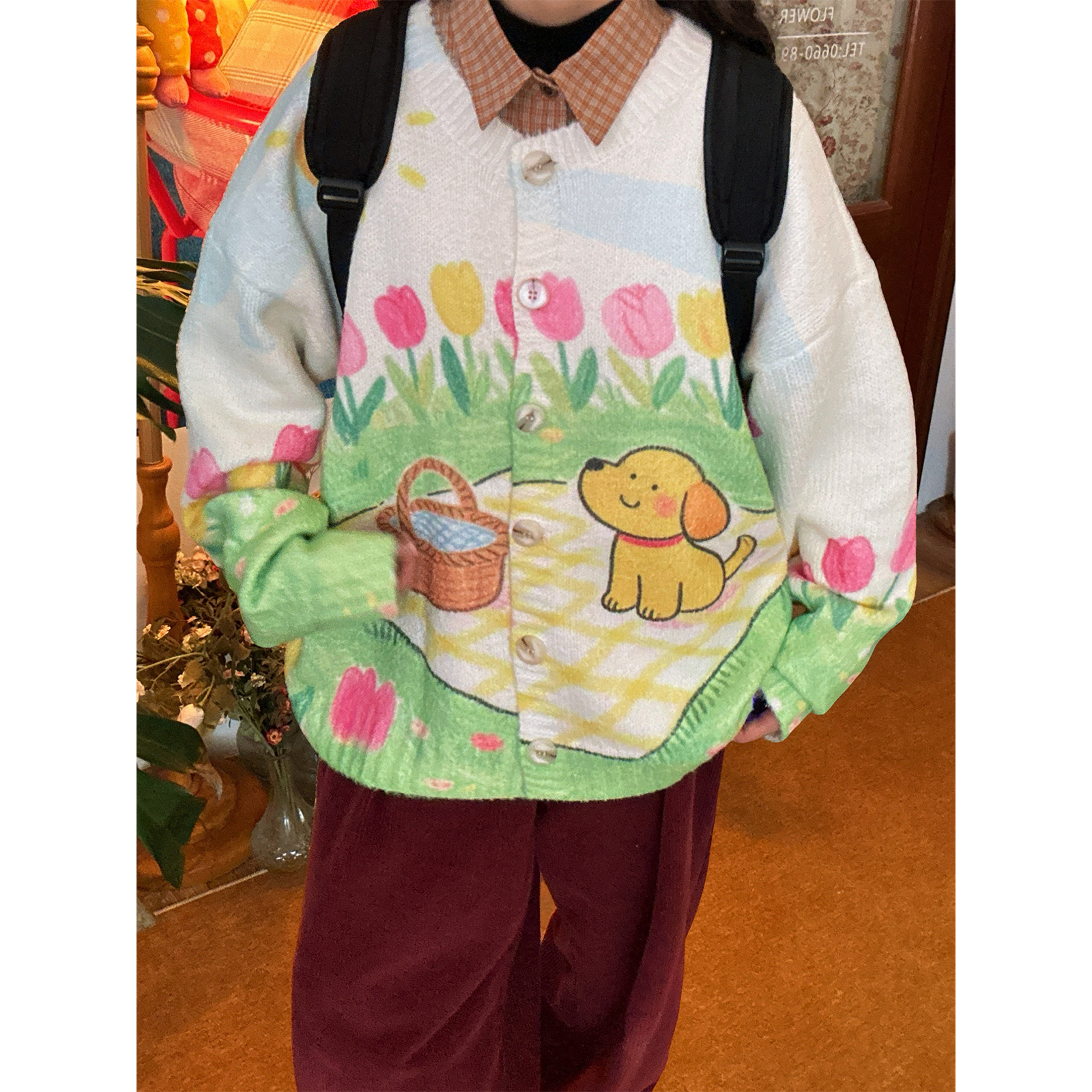 【新品买二送一】秋冬郁金香小狗可爱印花彩色宽松圆领开衫外套女