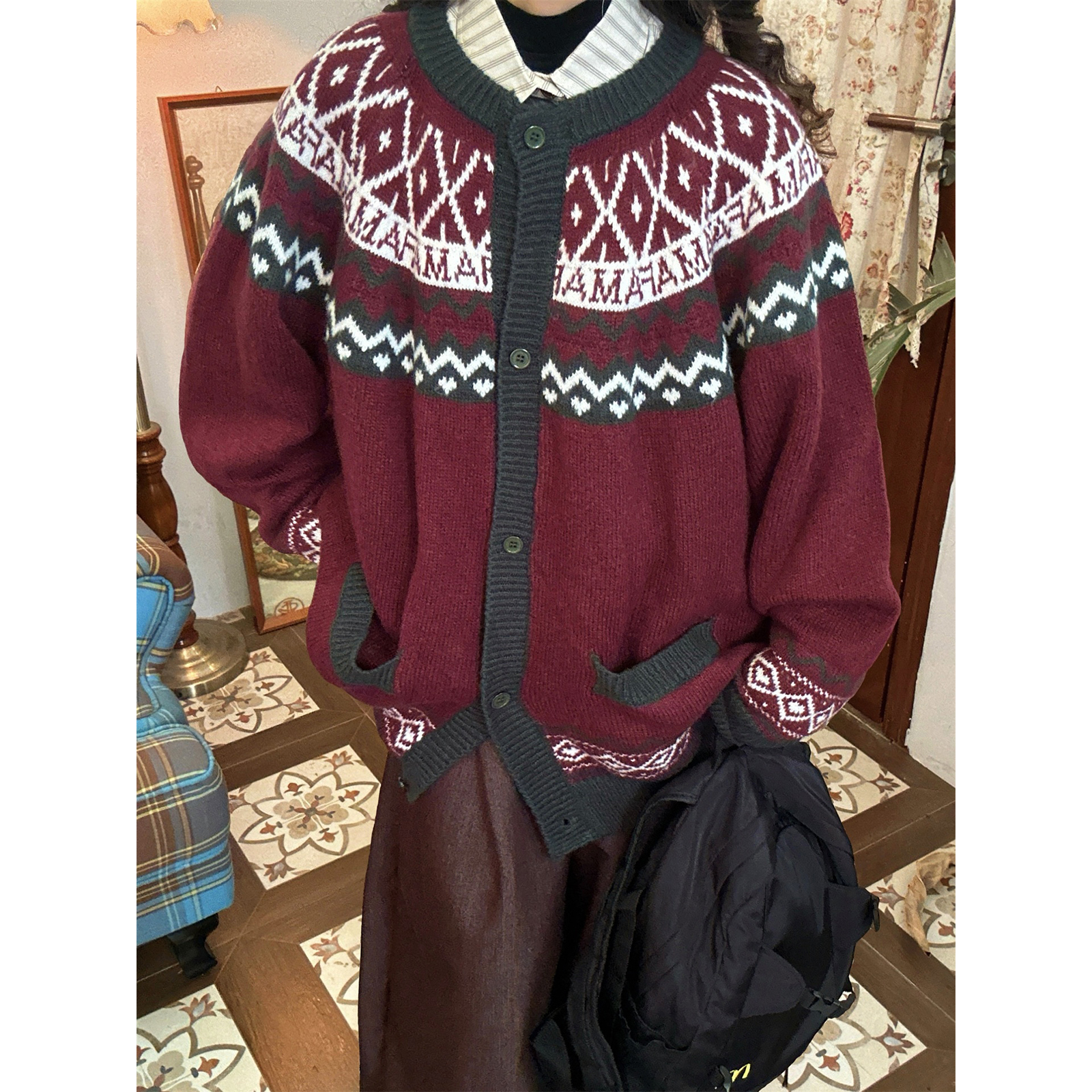 C2自制/费尔岛复古撞色毛衣外套男女秋冬圆领针织衫宽松学院风潮