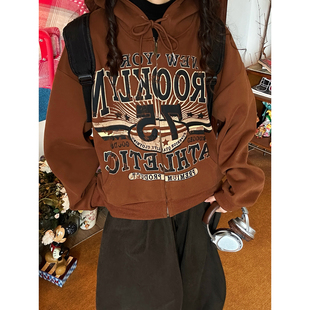 上衣春款 C2自制 宽松拉链开衫 休闲字母印花连帽卫衣男女同款 美式